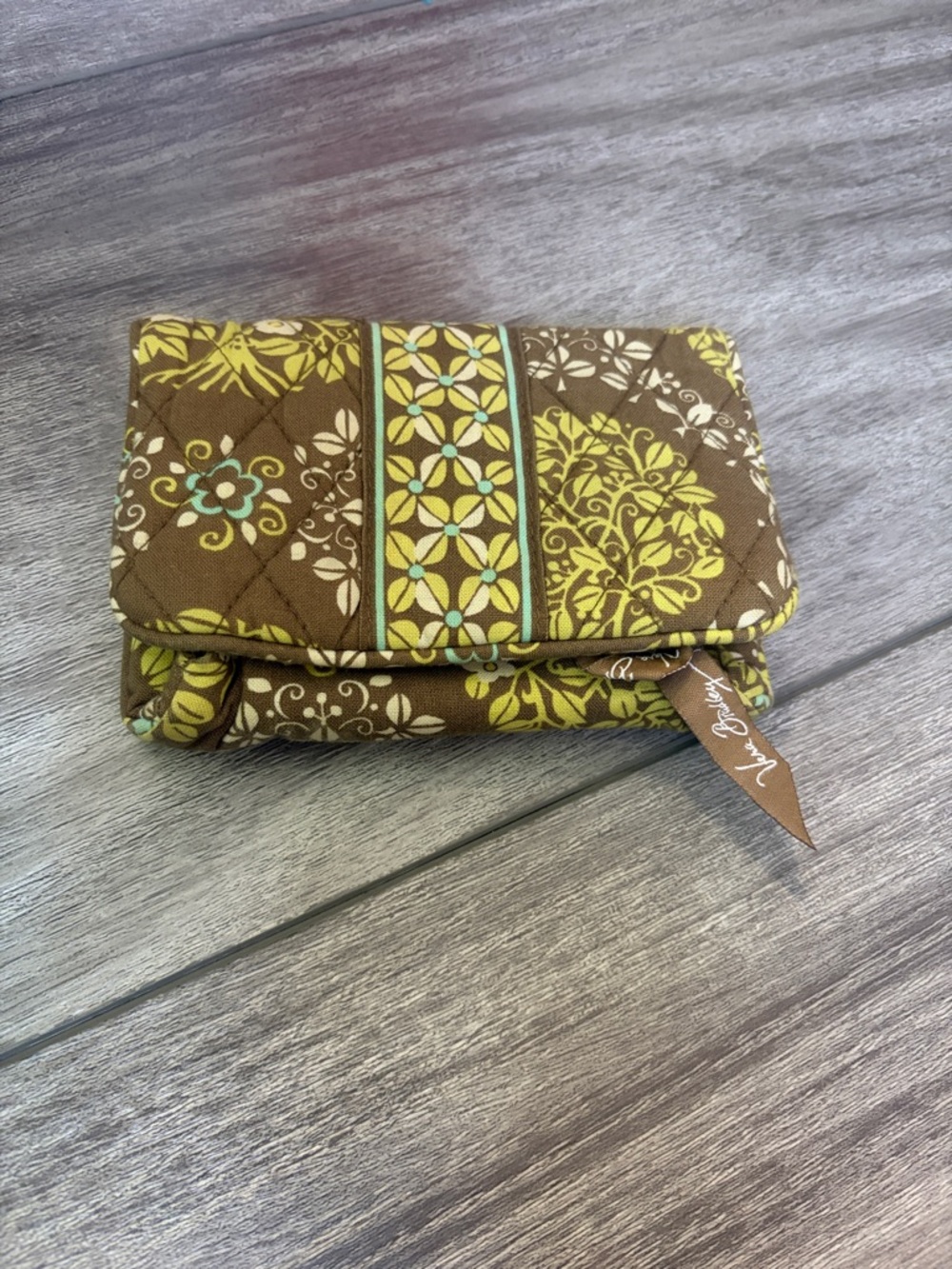 Vera Bradley Brown, Yellow & Teal Quilted Fold-Over Wallet